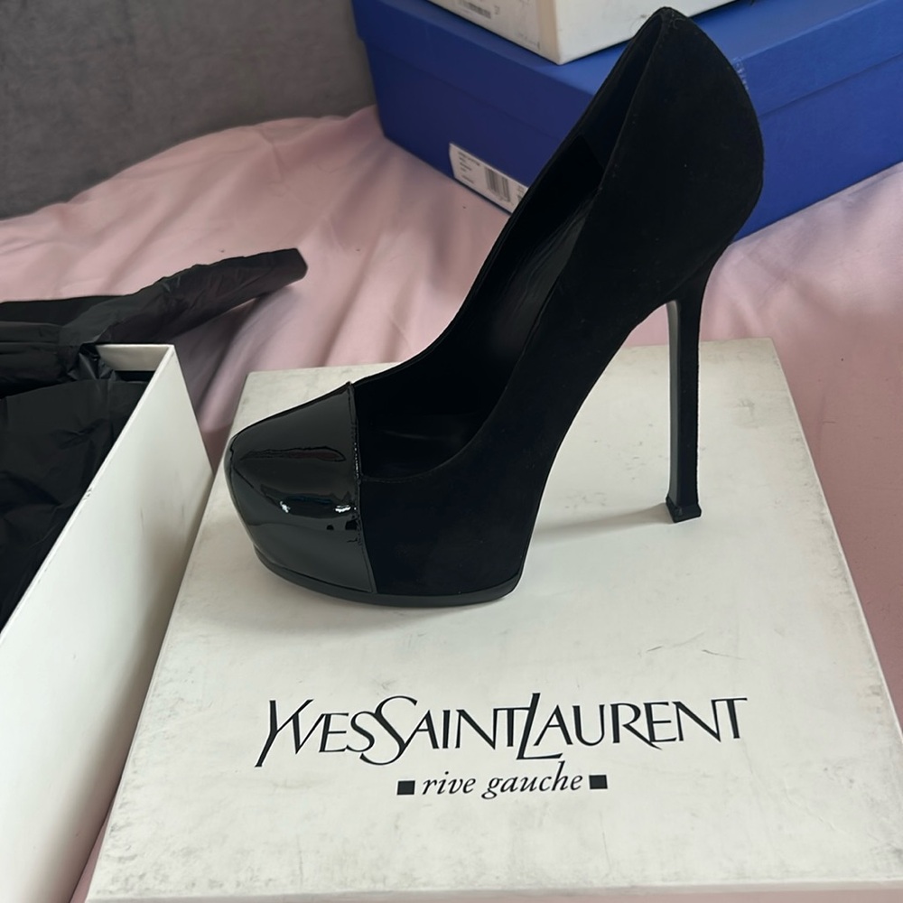 Yves Saint Laurent YSL Black Heels Gold Logo Brand New